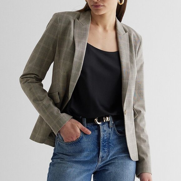 NEW Express Plaid Editor Blazer Womens L - Picture 2 of 7